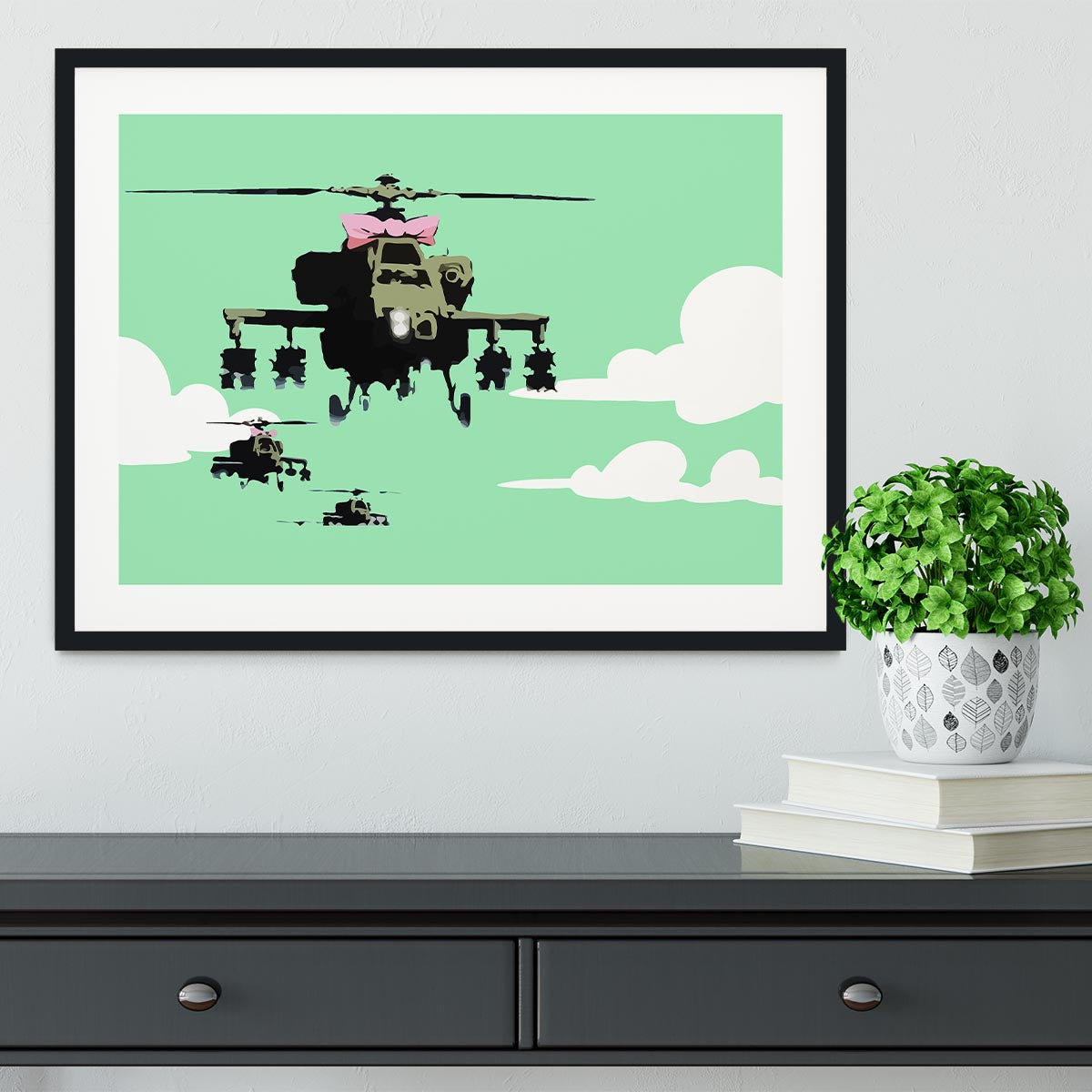 Banksy Friendly Helicopters Green Framed Print - Canvas Art Rocks - 1