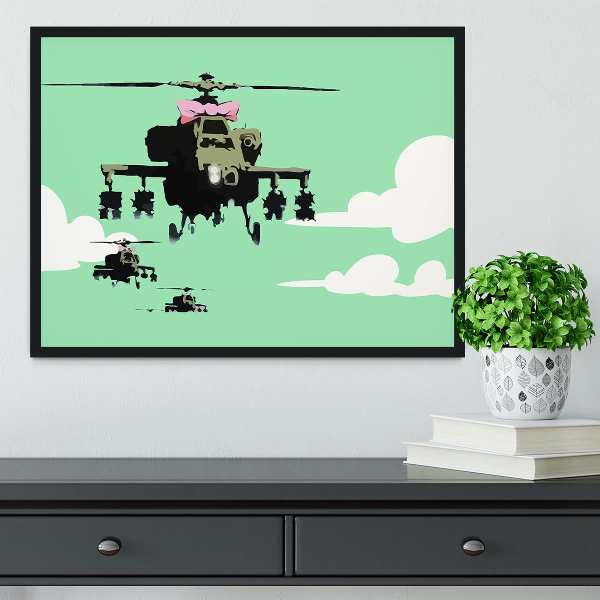 Banksy Friendly Helicopters Green Framed Print - Canvas Art Rocks - 2