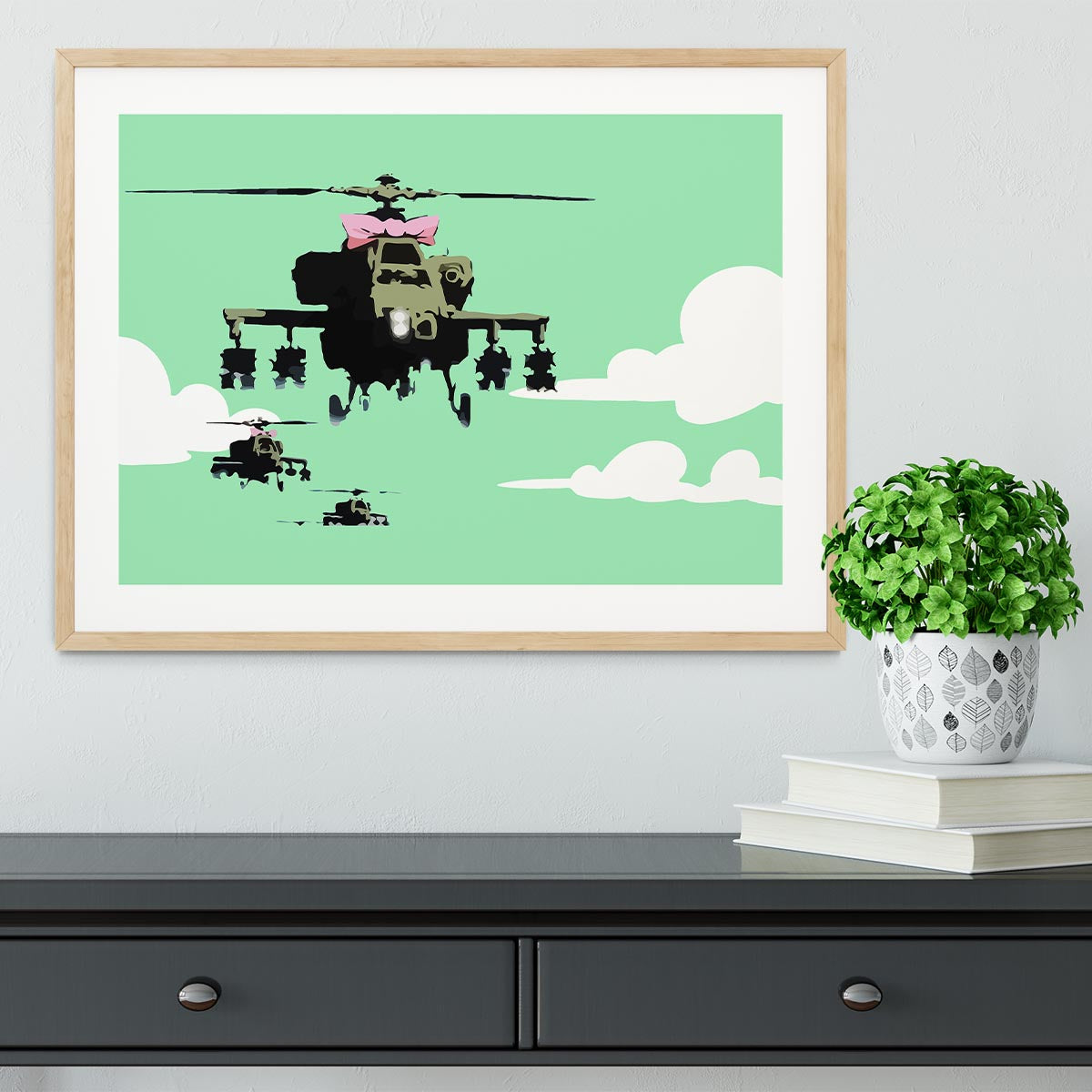 Banksy Friendly Helicopters Green Framed Print - Canvas Art Rocks - 3