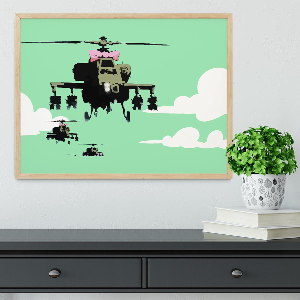 Banksy Friendly Helicopters Green Framed Print - Canvas Art Rocks - 4