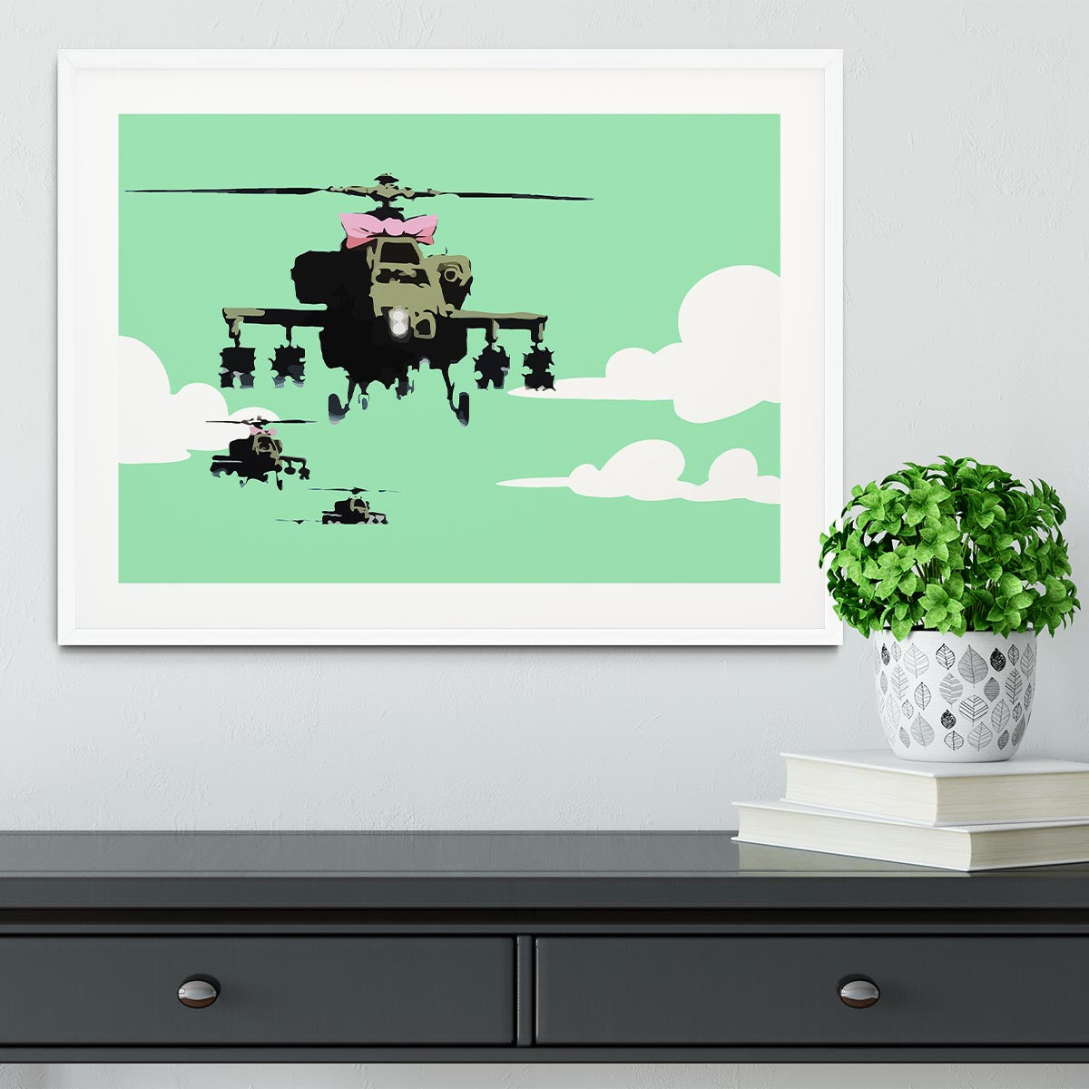 Banksy Friendly Helicopters Green Framed Print - Canvas Art Rocks - 5
