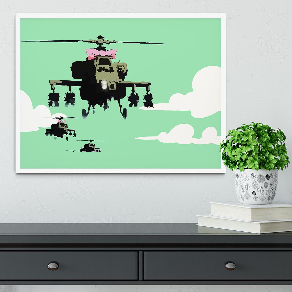 Banksy Friendly Helicopters Green Framed Print - Canvas Art Rocks -6