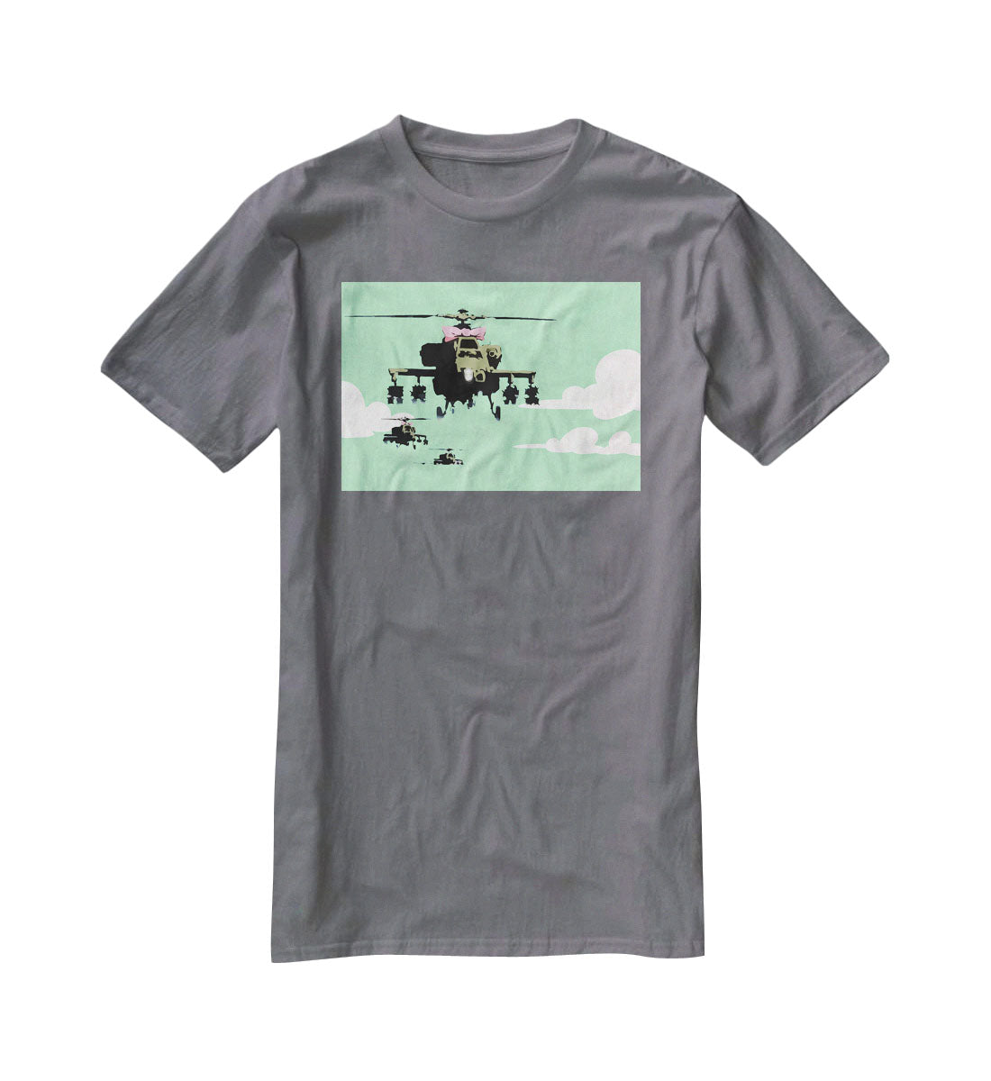 Banksy Friendly Helicopters Green T-Shirt - Canvas Art Rocks - 3