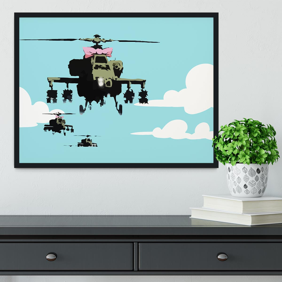 Banksy Friendly Helicopters Light Blue Framed Print - Canvas Art Rocks - 2