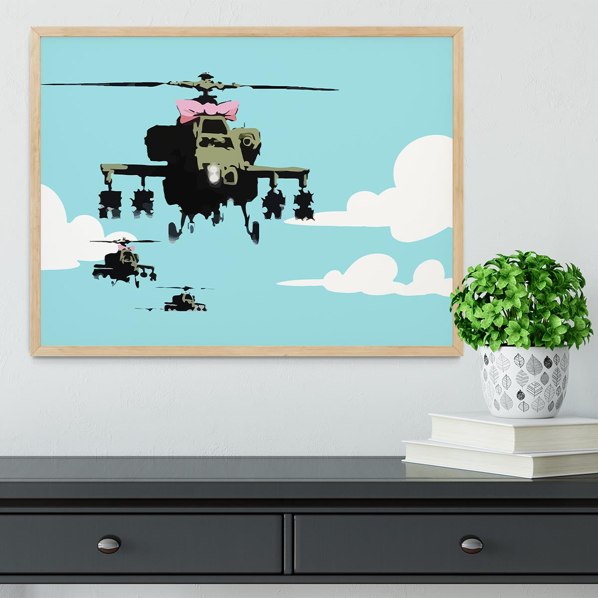 Banksy Friendly Helicopters Light Blue Framed Print - Canvas Art Rocks - 4