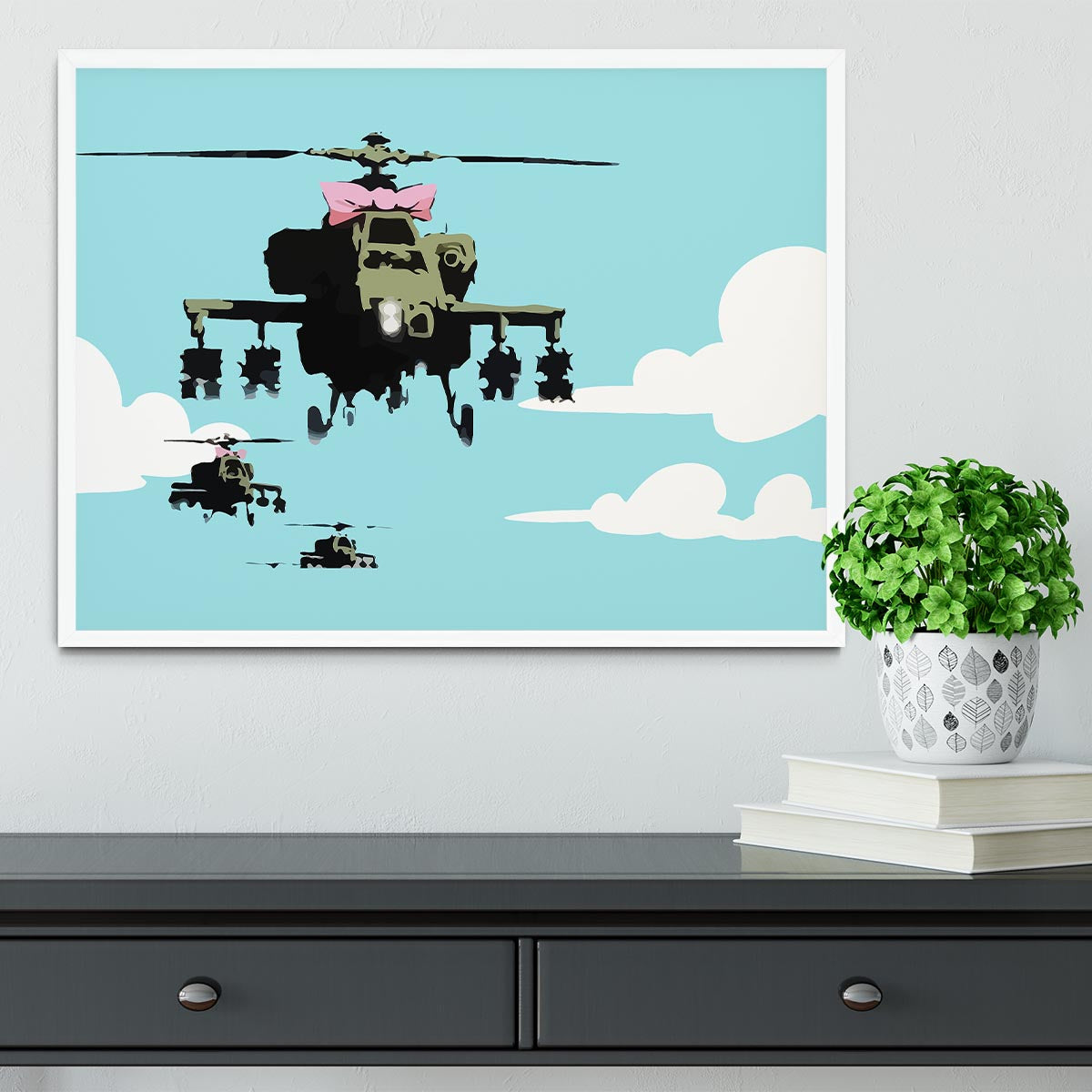 Banksy Friendly Helicopters Light Blue Framed Print - Canvas Art Rocks -6