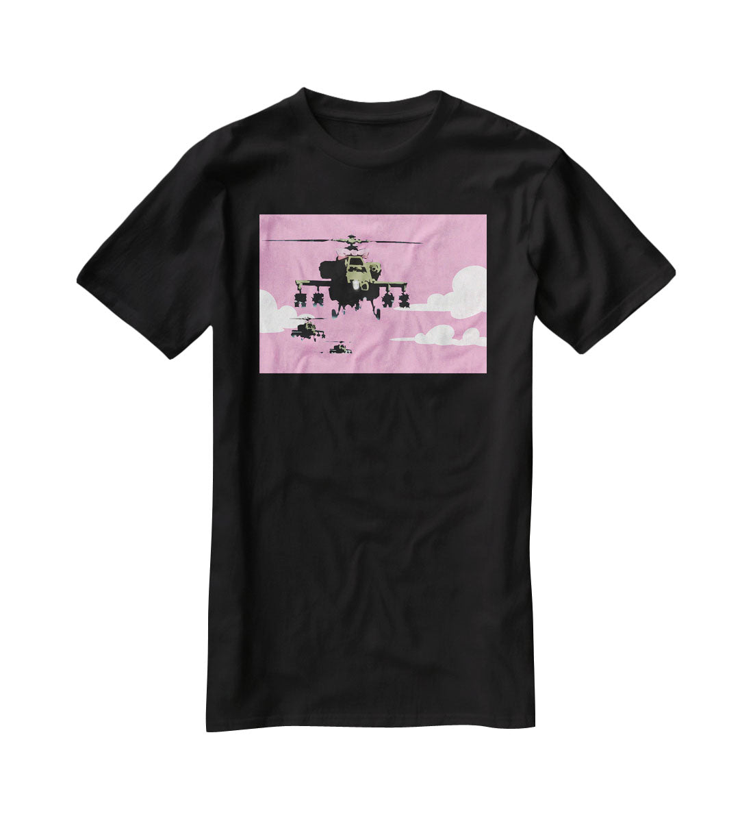 Banksy Friendly Helicopters Pink T-Shirt - Canvas Art Rocks - 1