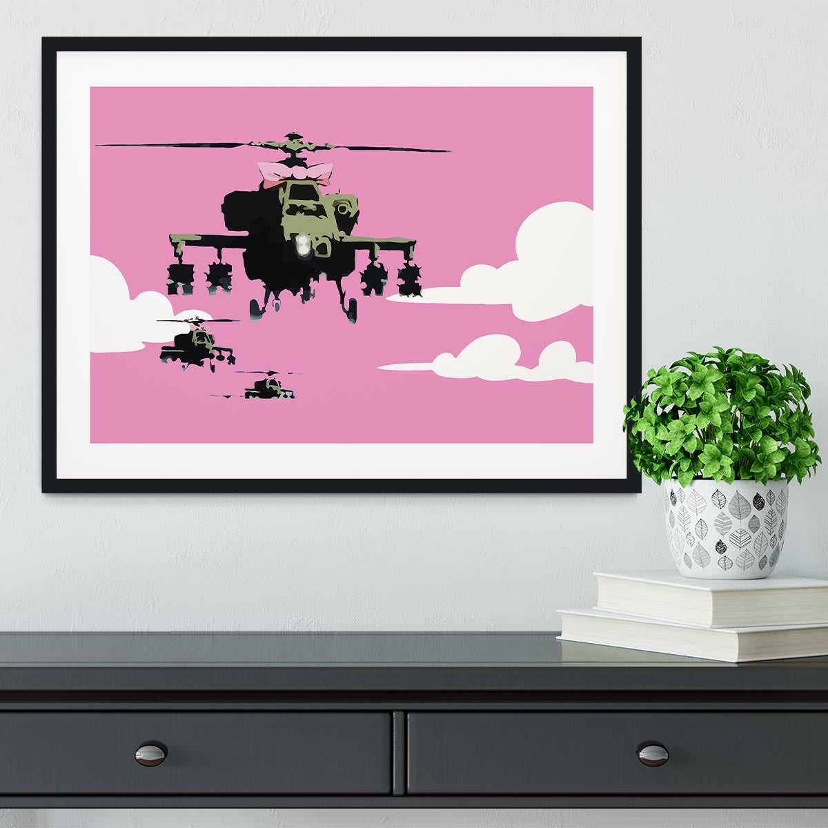Banksy Friendly Helicopters Pink Framed Print - Canvas Art Rocks - 1