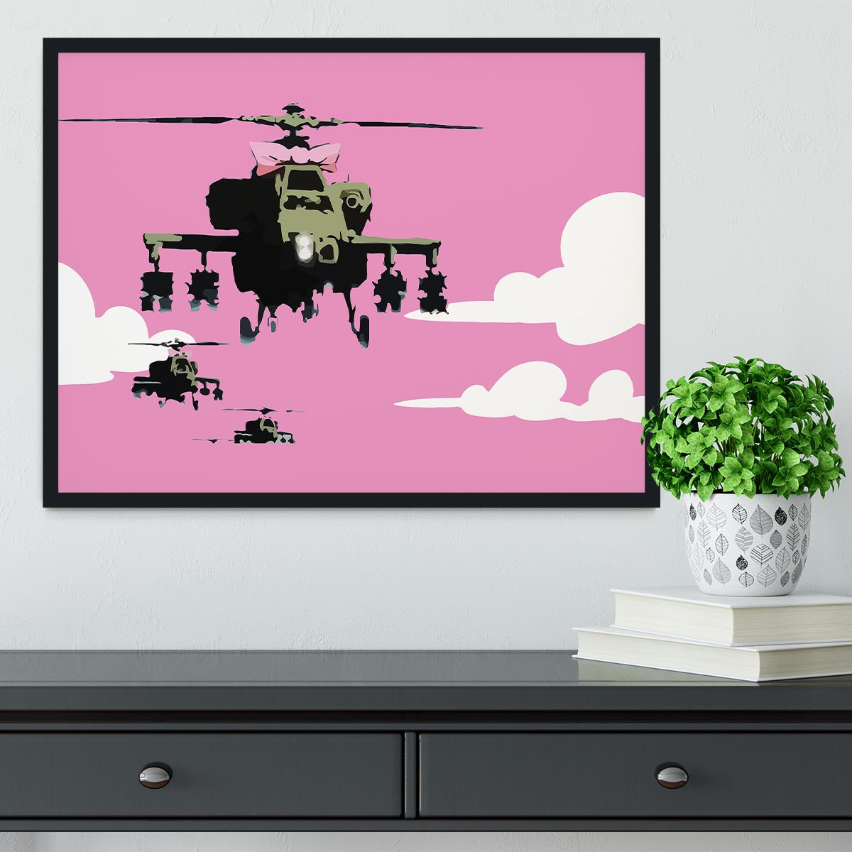 Banksy Friendly Helicopters Pink Framed Print - Canvas Art Rocks - 2