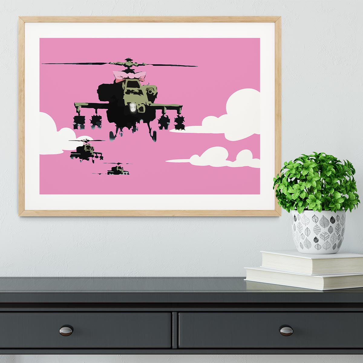 Banksy Friendly Helicopters Pink Framed Print - Canvas Art Rocks - 3