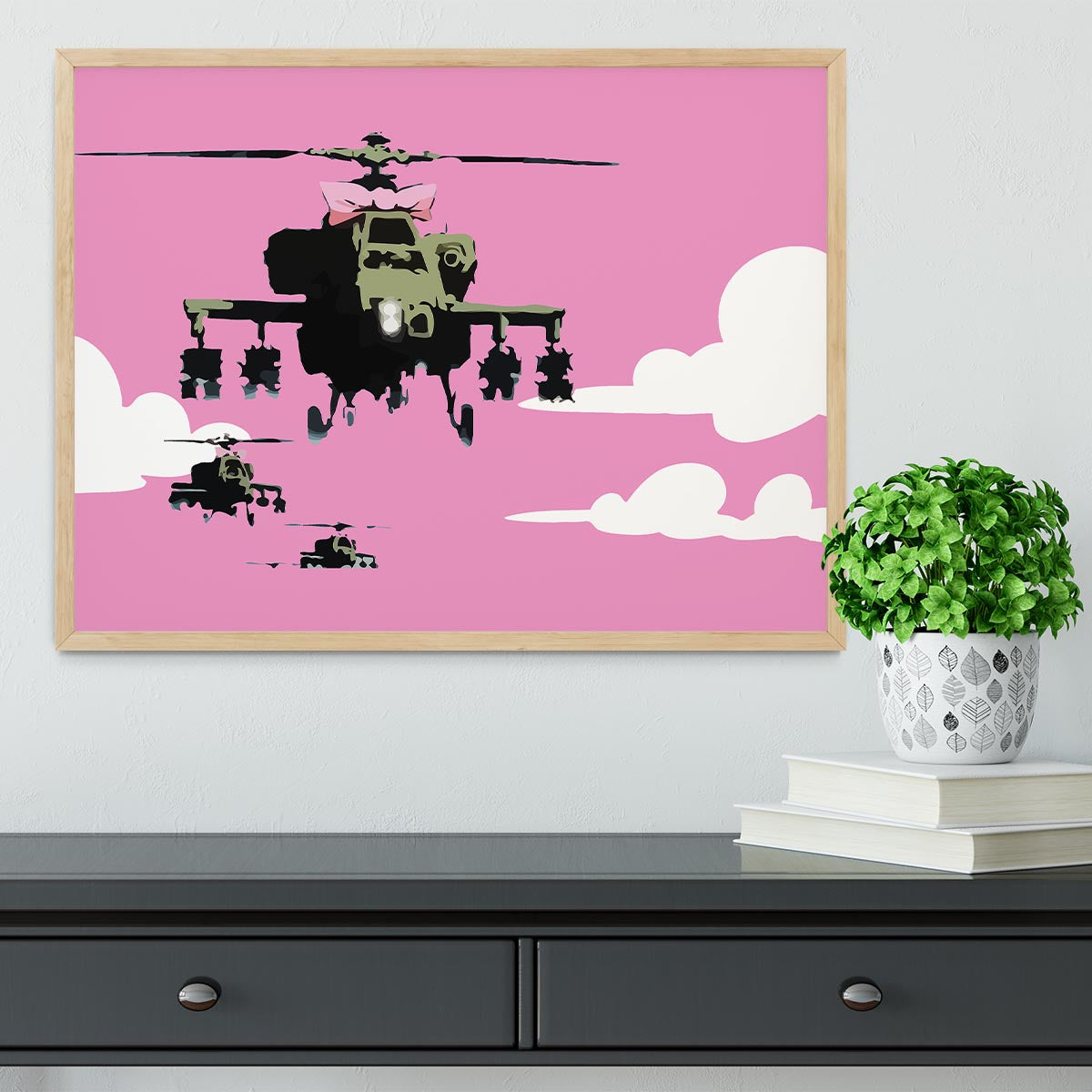 Banksy Friendly Helicopters Pink Framed Print - Canvas Art Rocks - 4