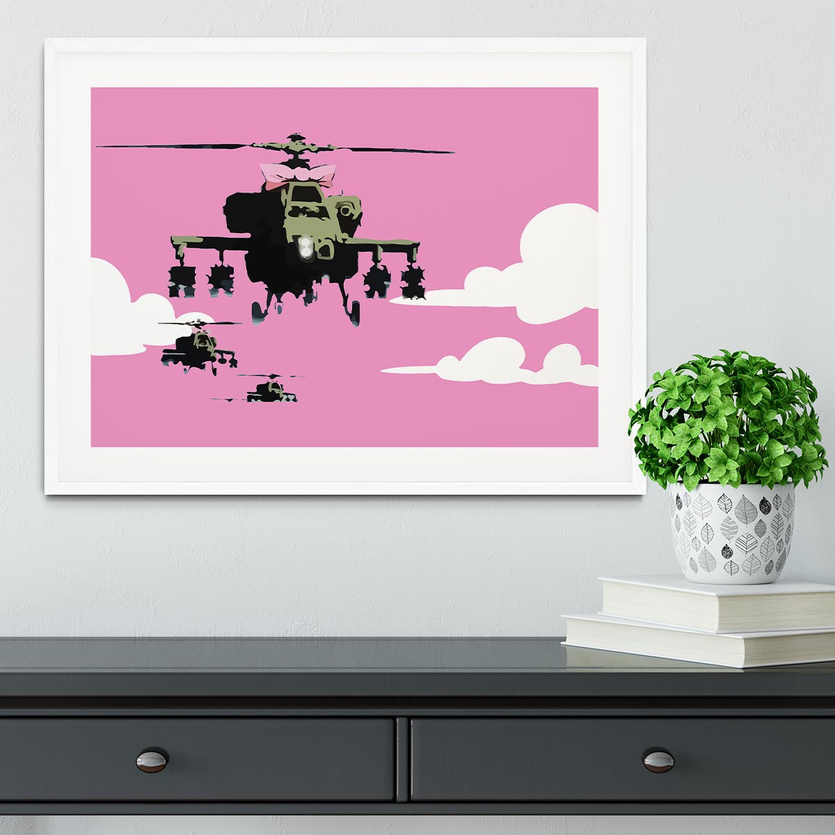 Banksy Friendly Helicopters Pink Framed Print - Canvas Art Rocks - 5