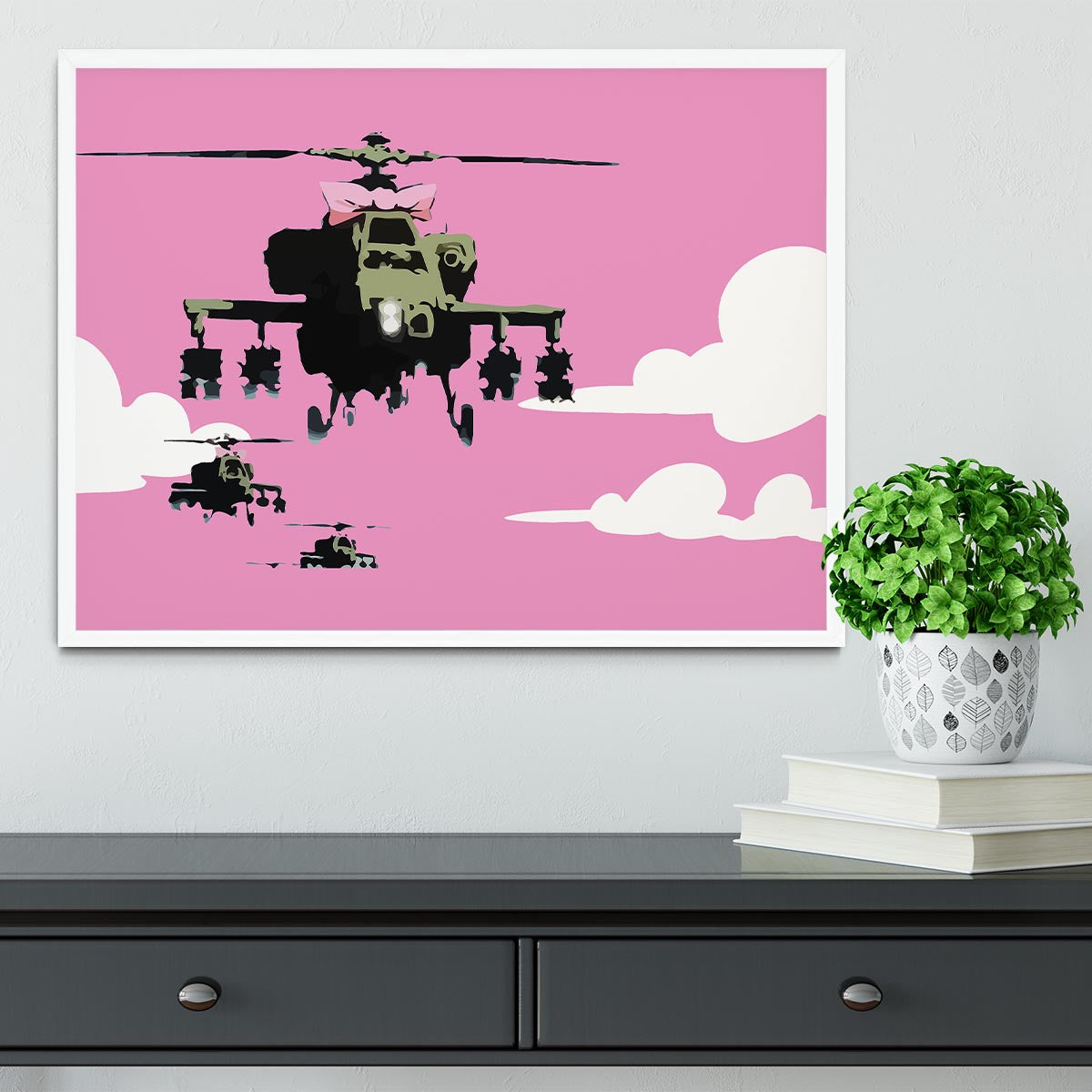 Banksy Friendly Helicopters Pink Framed Print - Canvas Art Rocks -6