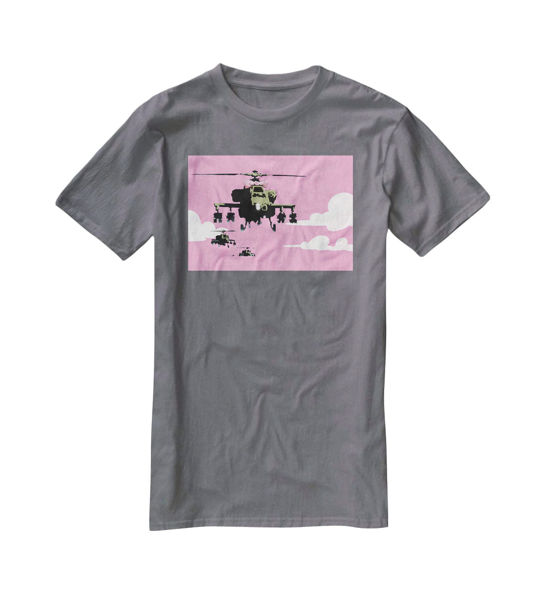 Banksy Friendly Helicopters Pink T-Shirt - Canvas Art Rocks - 3