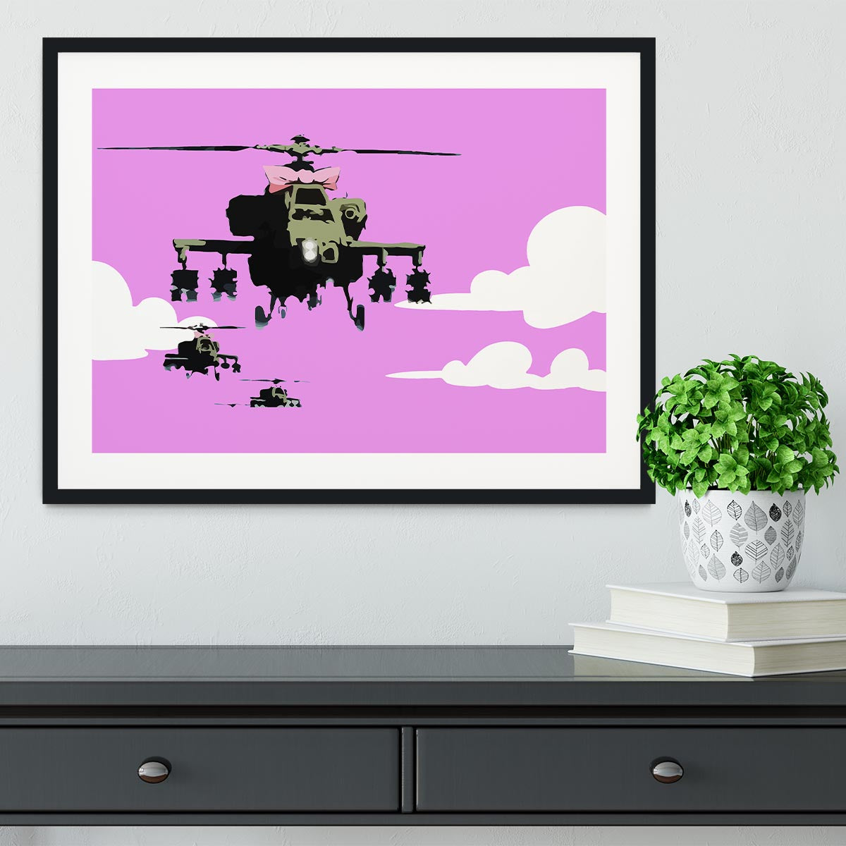 Banksy Friendly Helicopters Purple Framed Print - Canvas Art Rocks - 1