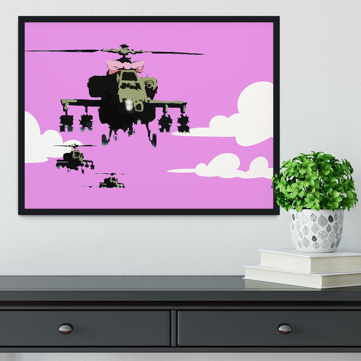 Banksy Friendly Helicopters Purple Framed Print - Canvas Art Rocks - 2