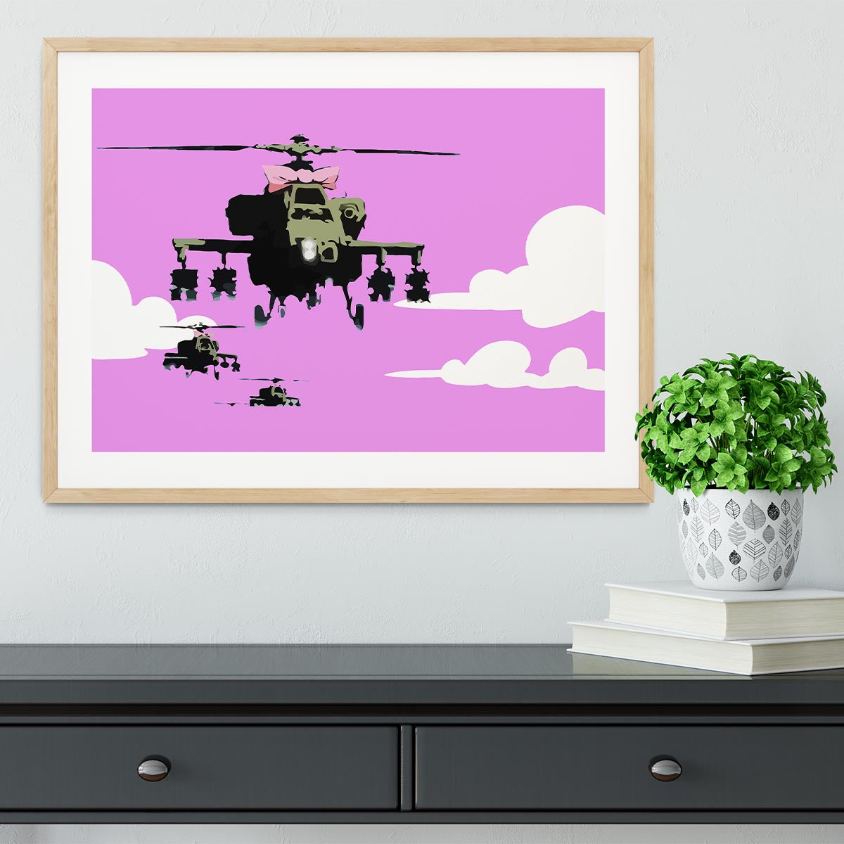 Banksy Friendly Helicopters Purple Framed Print - Canvas Art Rocks - 3