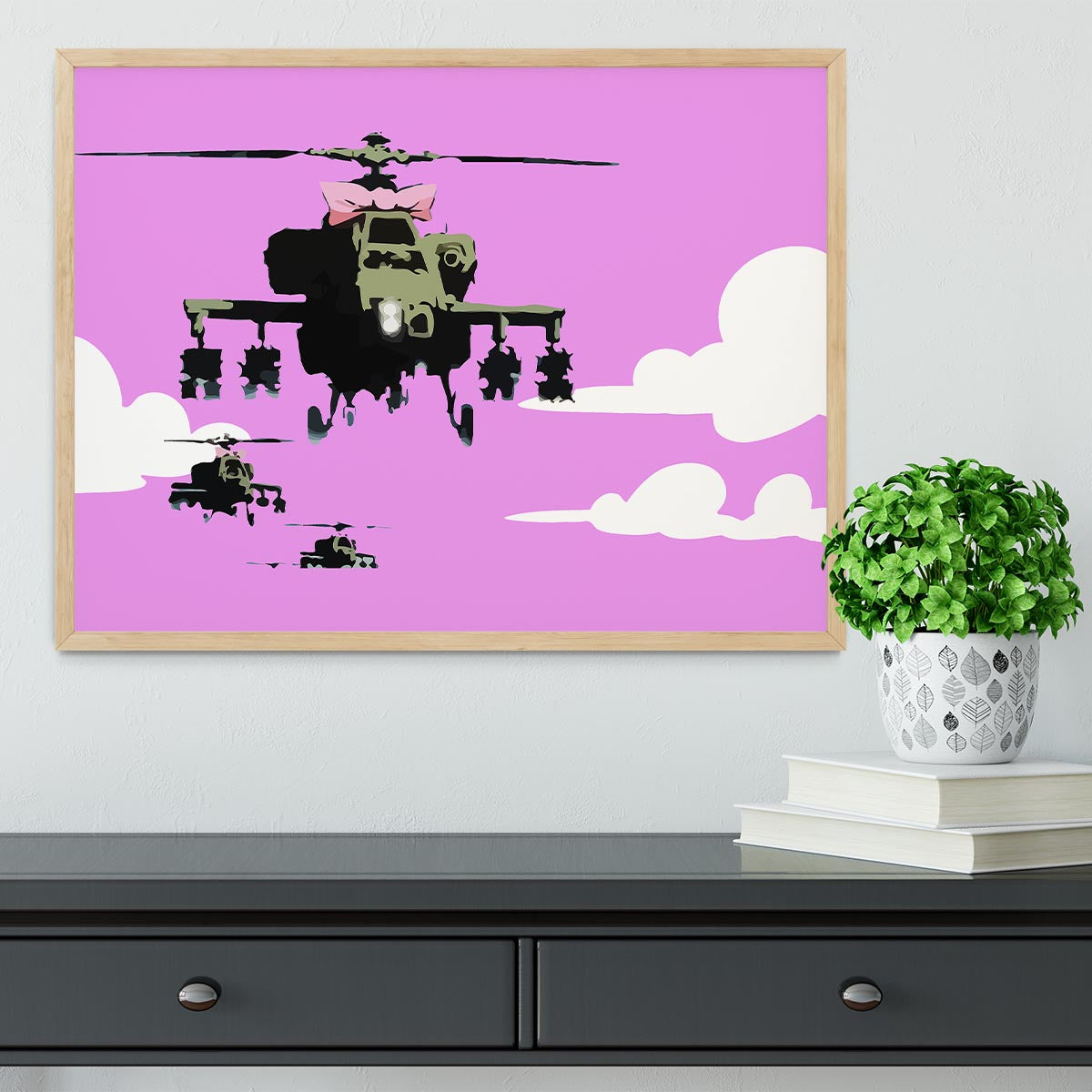 Banksy Friendly Helicopters Purple Framed Print - Canvas Art Rocks - 4