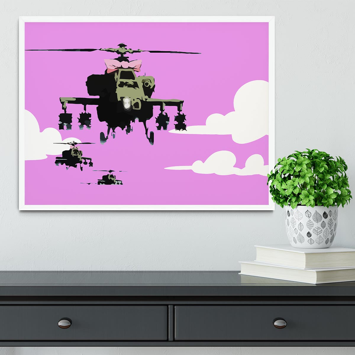 Banksy Friendly Helicopters Purple Framed Print - Canvas Art Rocks -6