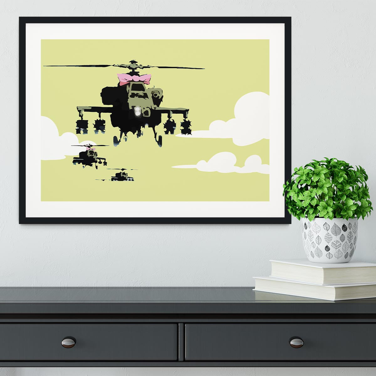 Banksy Friendly Helicopters Yellow Framed Print - Canvas Art Rocks - 1