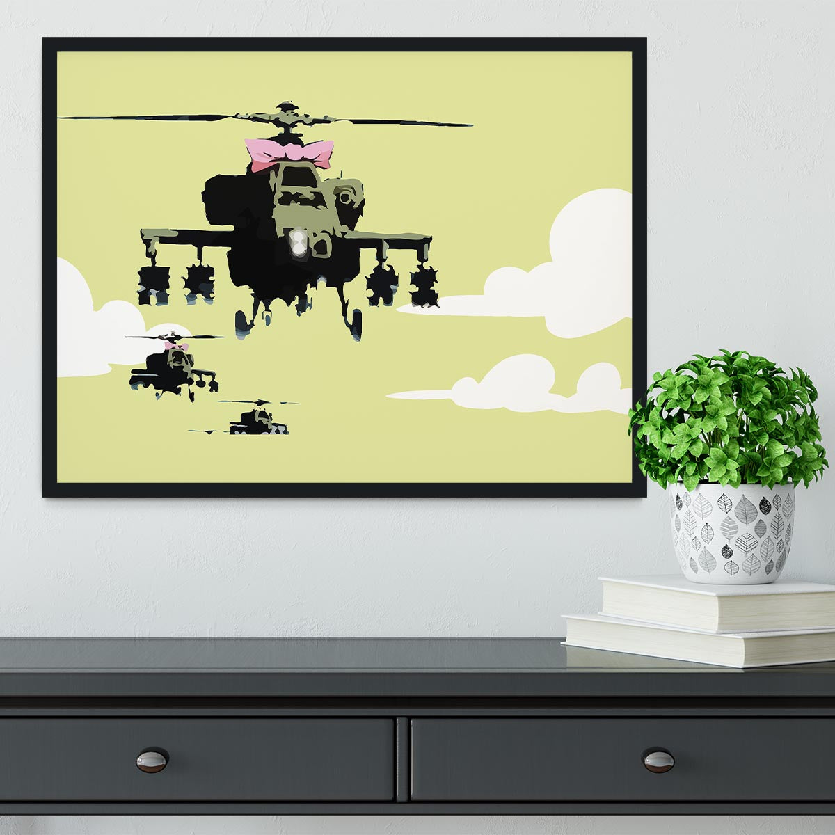 Banksy Friendly Helicopters Yellow Framed Print - Canvas Art Rocks - 2