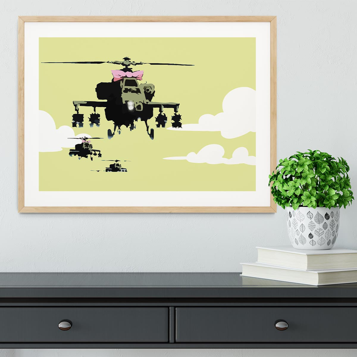 Banksy Friendly Helicopters Yellow Framed Print - Canvas Art Rocks - 3