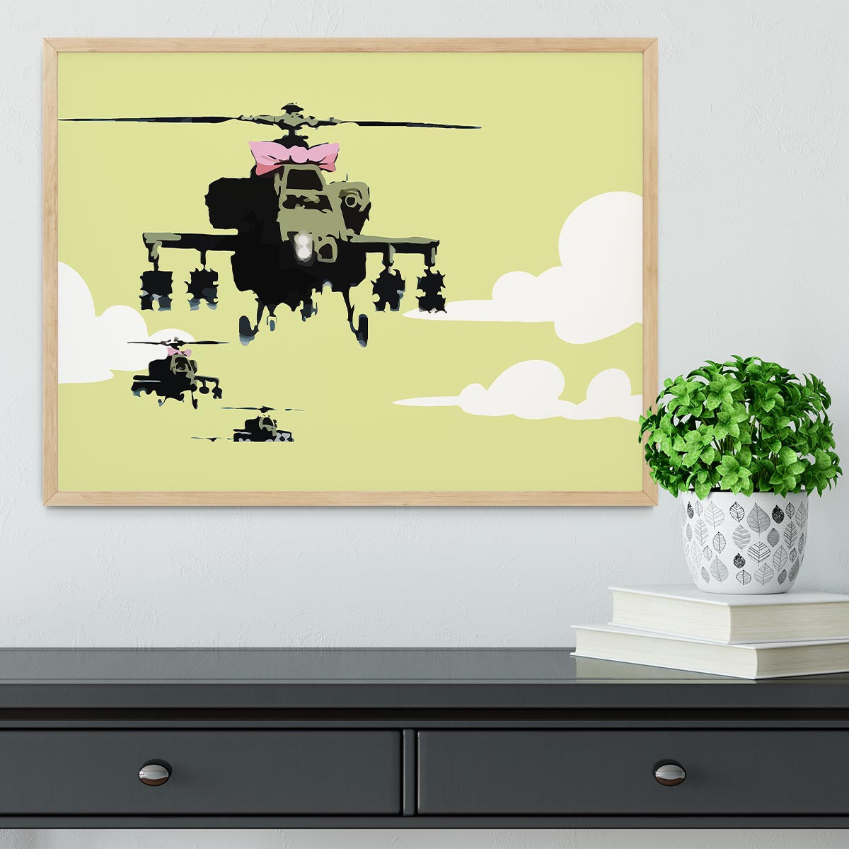 Banksy Friendly Helicopters Yellow Framed Print - Canvas Art Rocks - 4