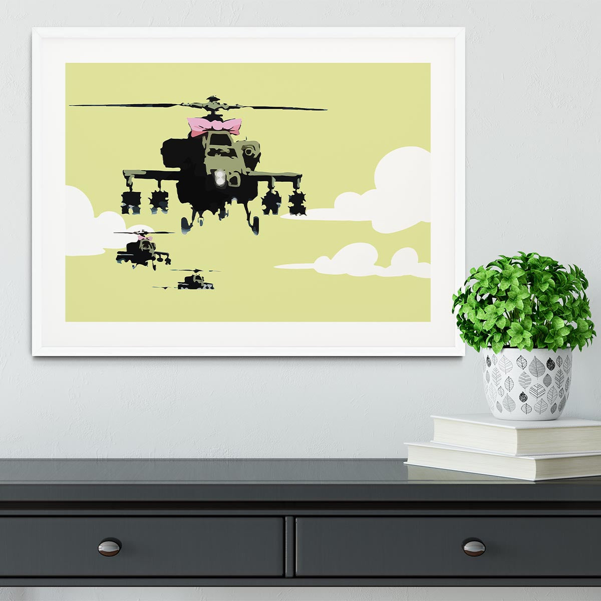 Banksy Friendly Helicopters Yellow Framed Print - Canvas Art Rocks - 5