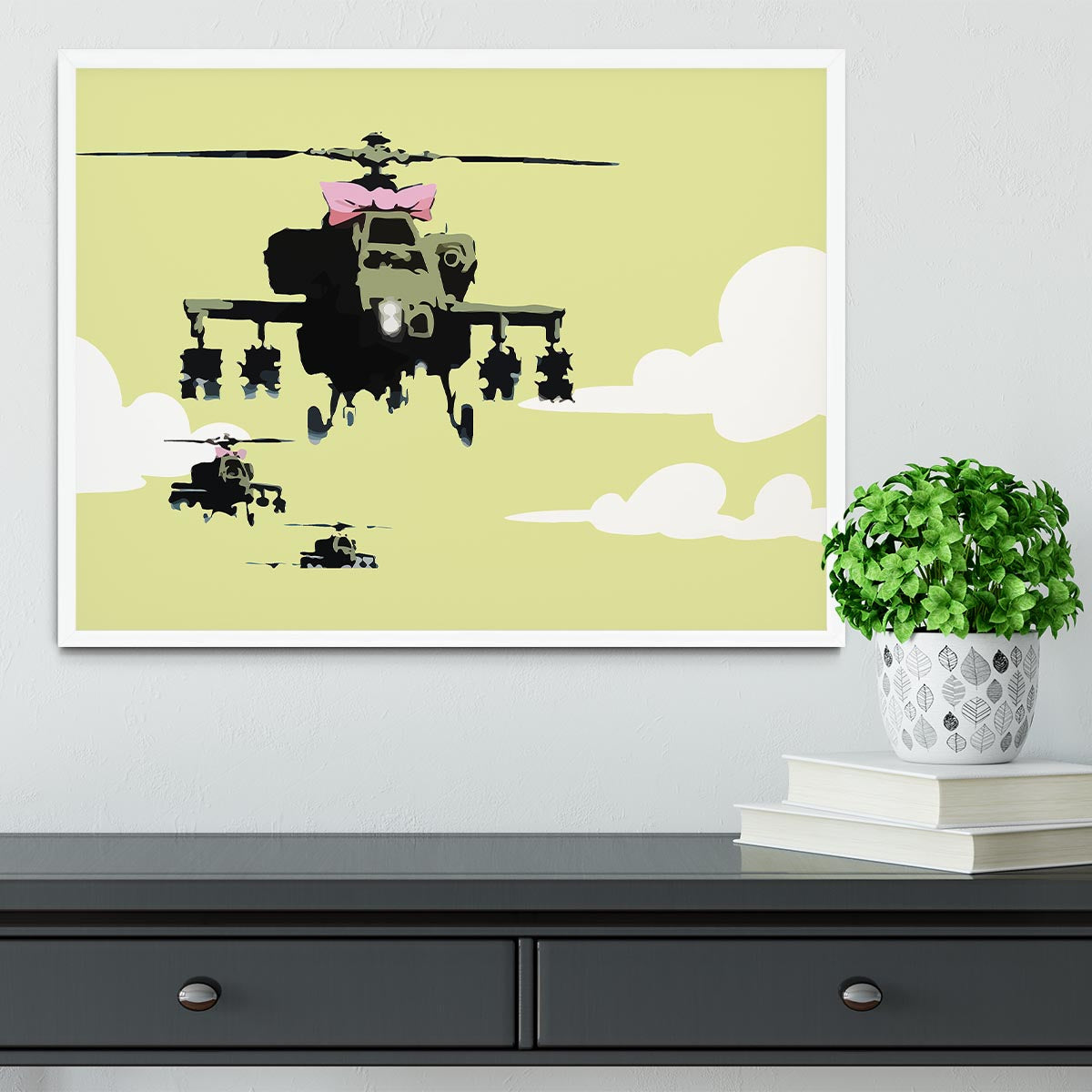 Banksy Friendly Helicopters Yellow Framed Print - Canvas Art Rocks -6