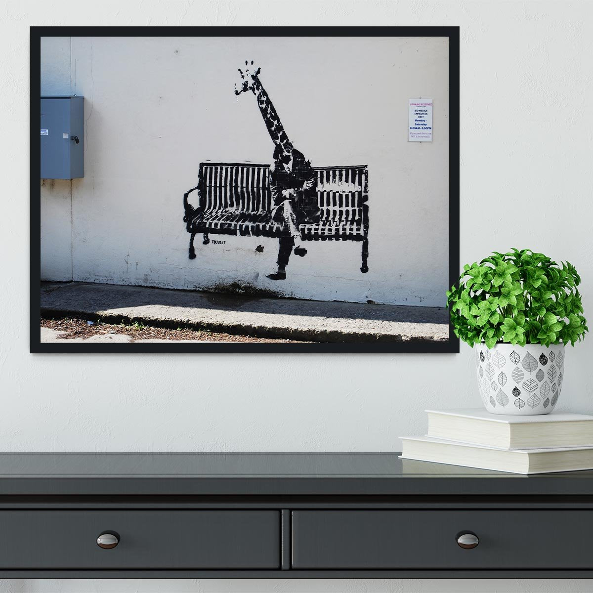 Banksy Giraffe on a Bench Framed Print - Canvas Art Rocks - 2