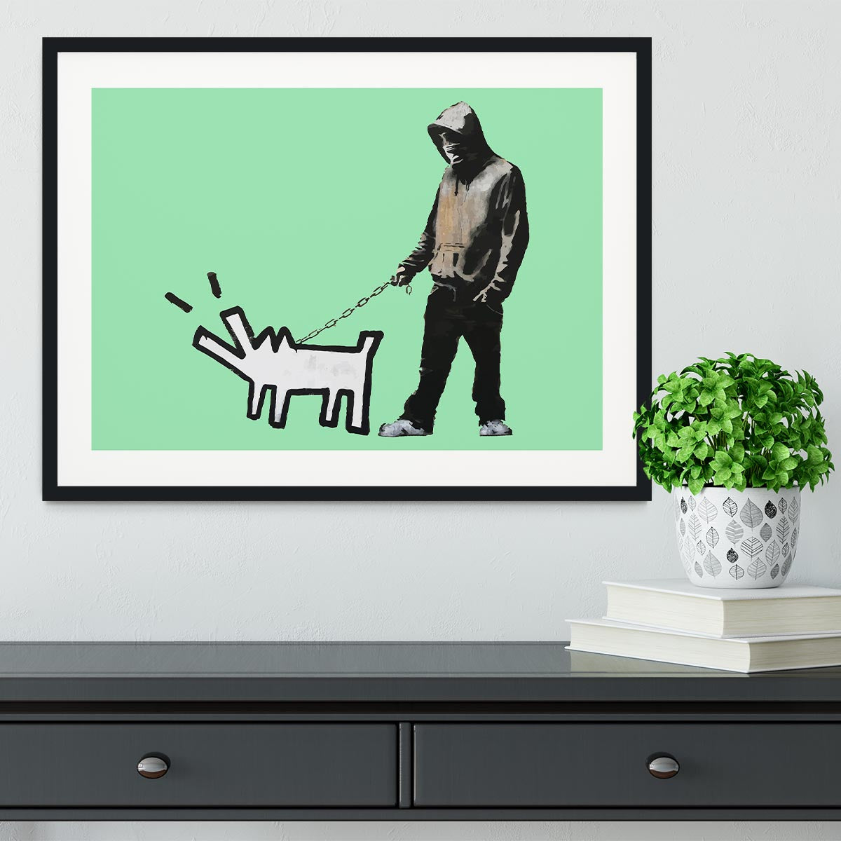 Banksy Keith Haring Dog Green Framed Print - Canvas Art Rocks - 1
