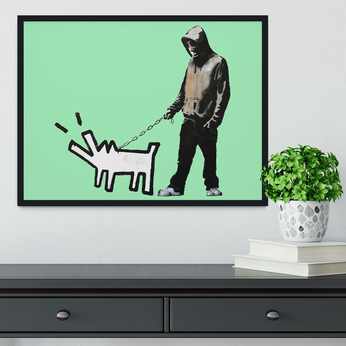 Banksy Keith Haring Dog Green Framed Print - Canvas Art Rocks - 2