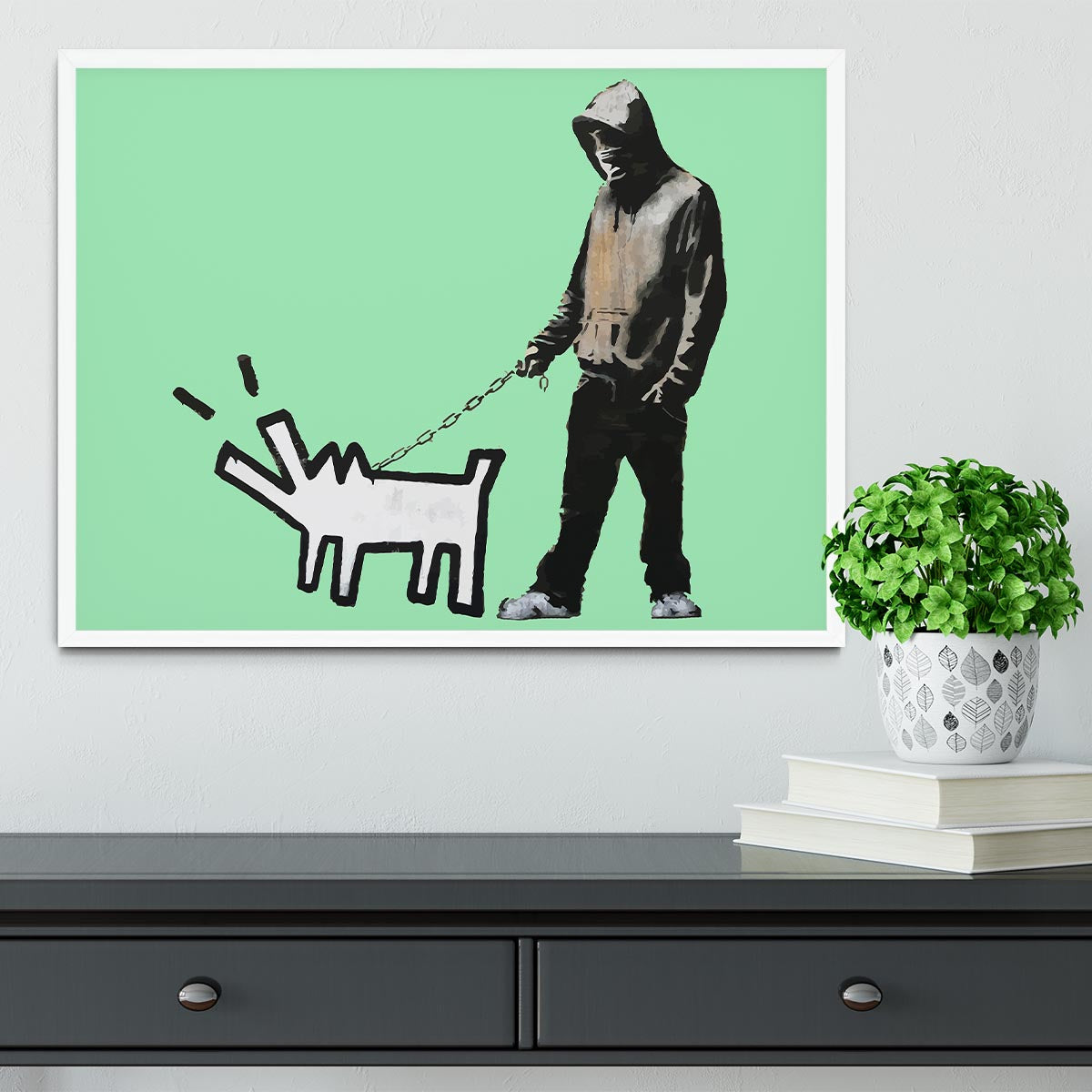 Banksy Keith Haring Dog Green Framed Print - Canvas Art Rocks -6
