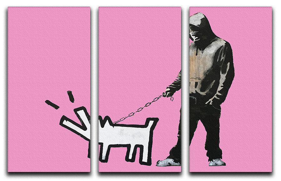 Banksy Keith Haring Dog Pink 3 Split Panel Canvas Print - Canvas Art Rocks - 1