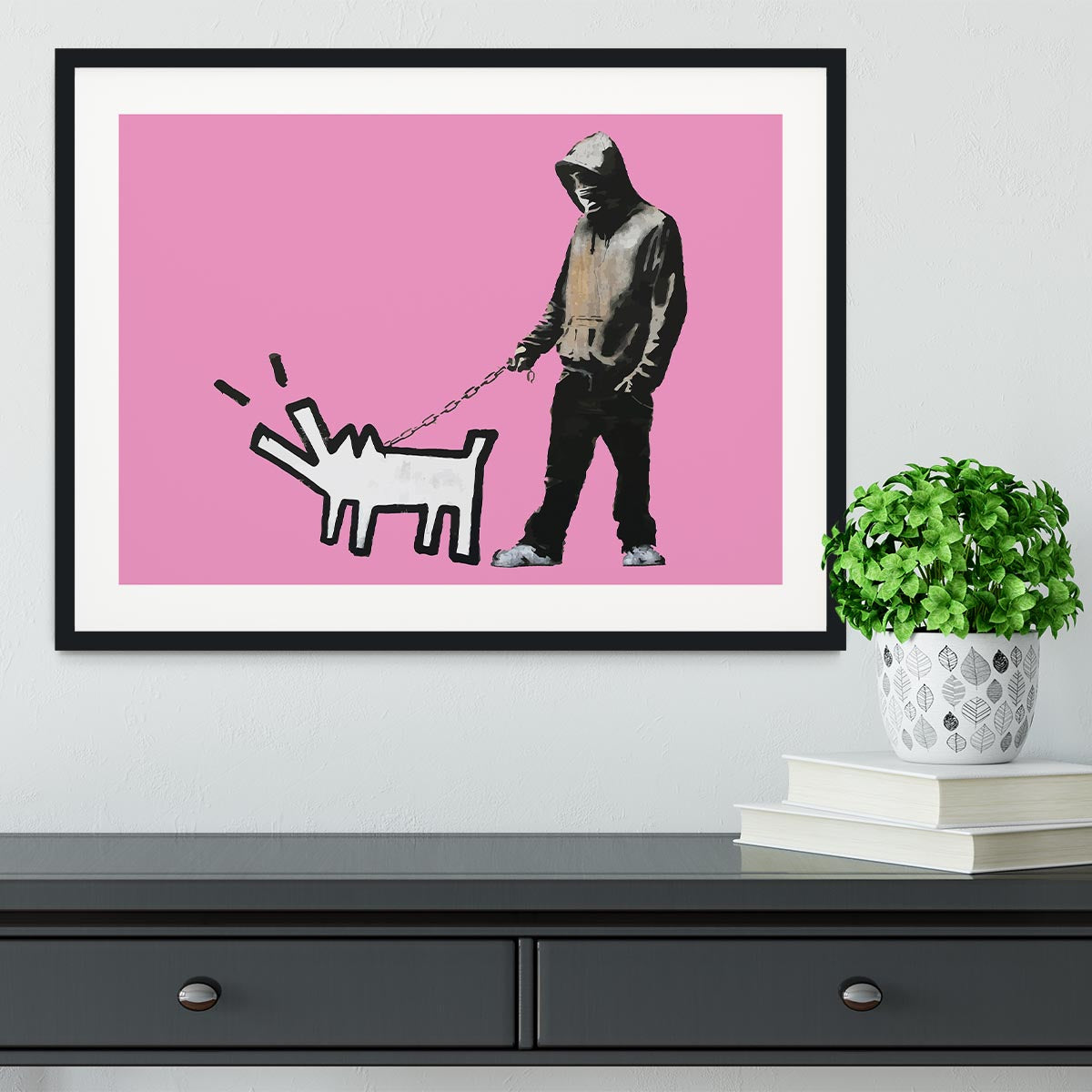 Banksy Keith Haring Dog Pink Framed Print - Canvas Art Rocks - 1