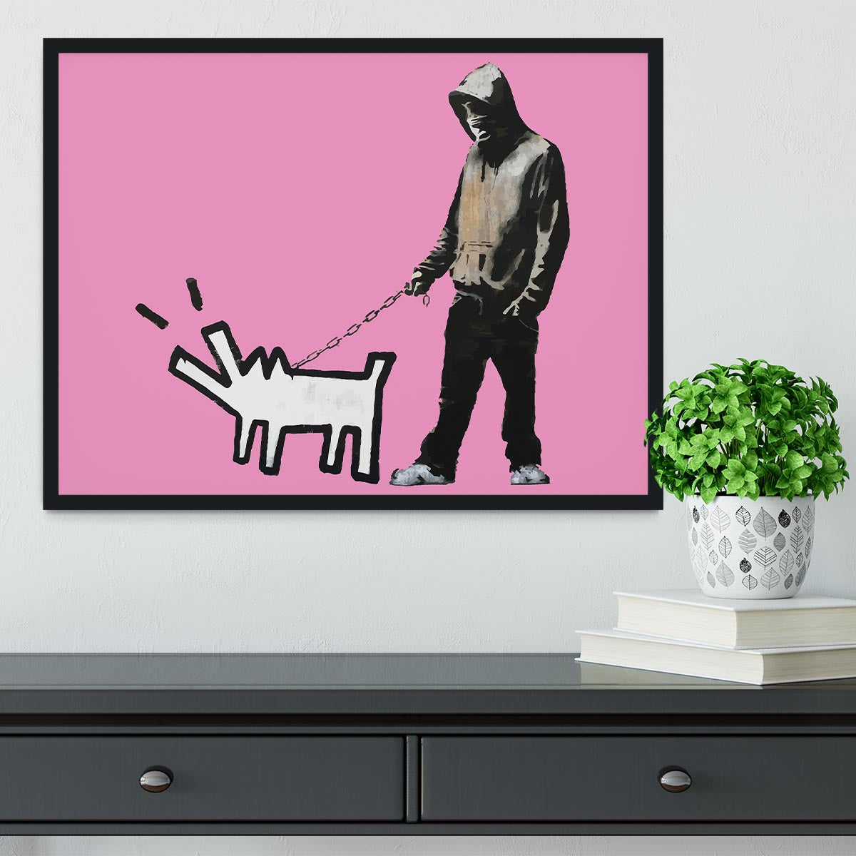 Banksy Keith Haring Dog Pink Framed Print - Canvas Art Rocks - 2