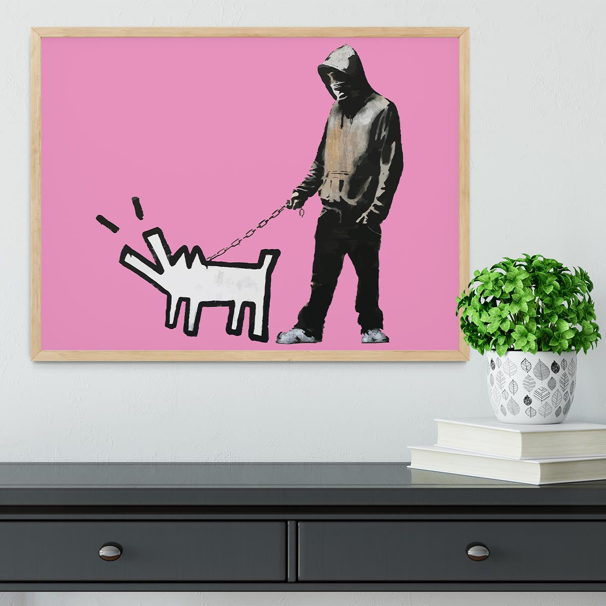 Banksy Keith Haring Dog Pink Framed Print - Canvas Art Rocks - 4
