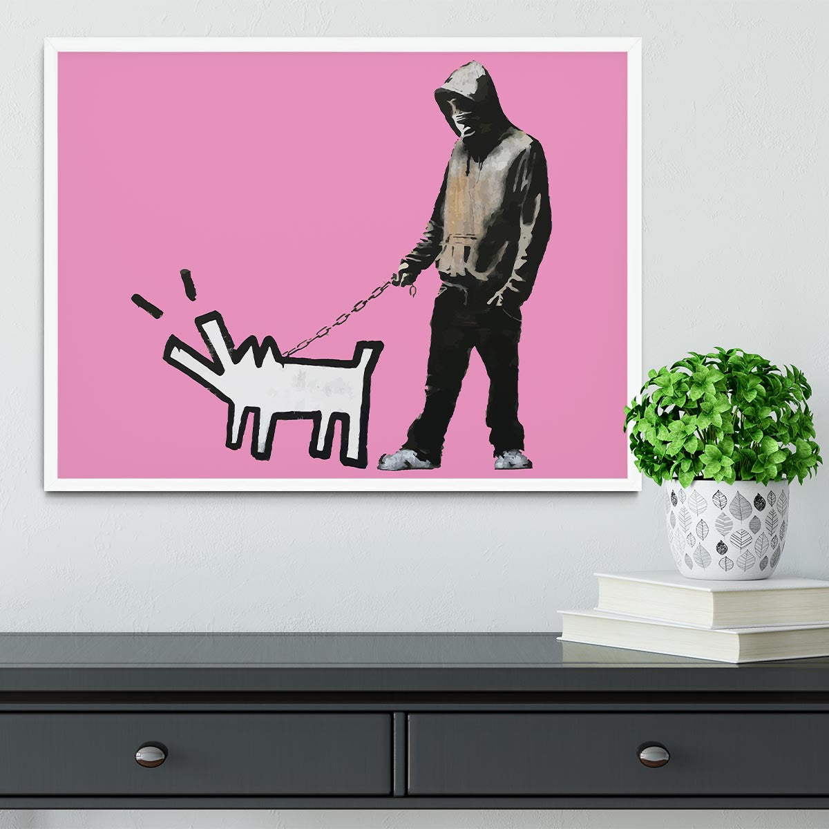 Banksy Keith Haring Dog Pink Framed Print - Canvas Art Rocks -6