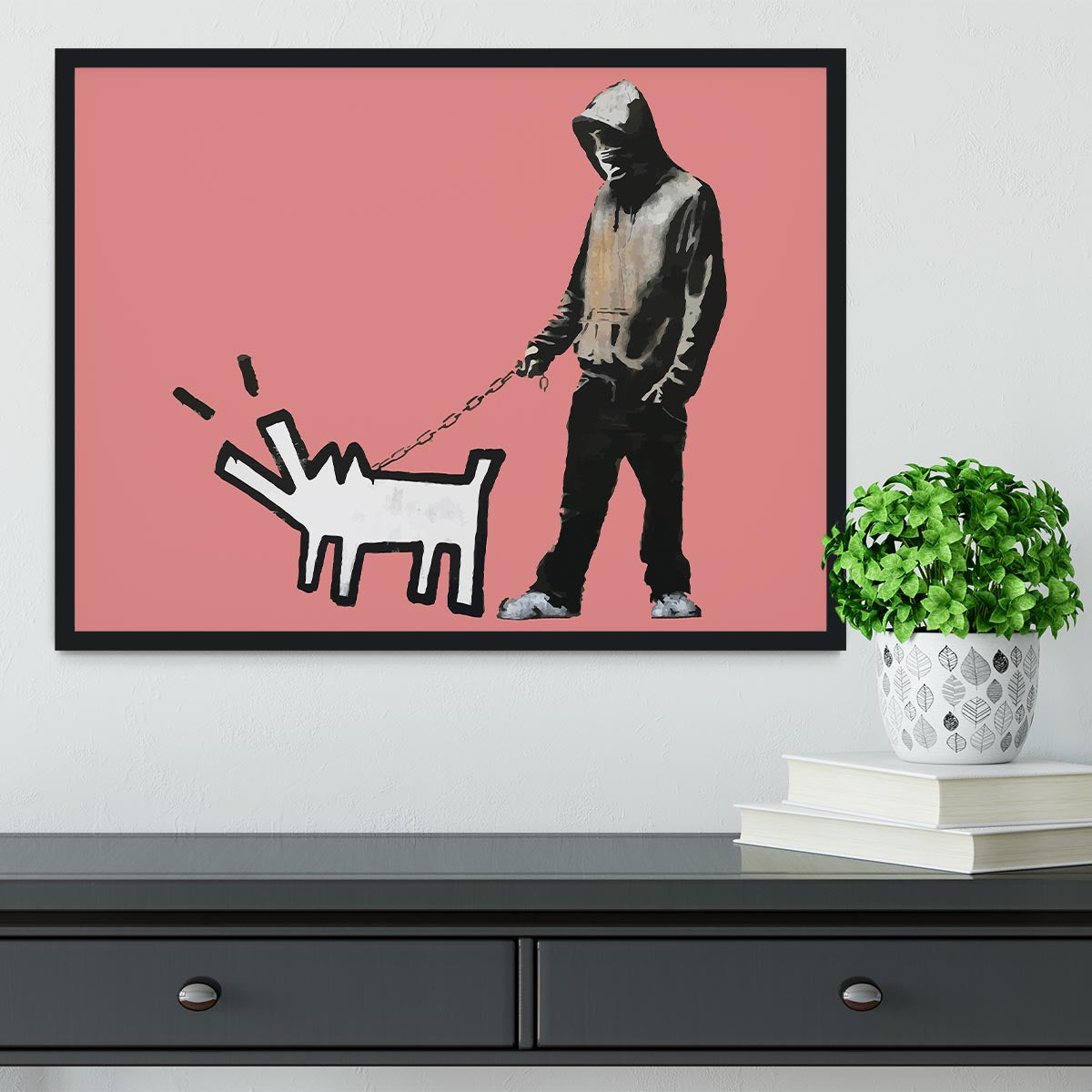 Banksy Keith Haring Dog Red Framed Print - Canvas Art Rocks - 2