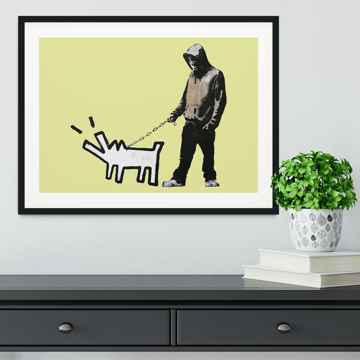 Banksy Keith Haring Dog Yellow Framed Print - Canvas Art Rocks - 1