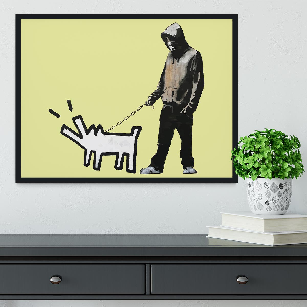 Banksy Keith Haring Dog Yellow Framed Print - Canvas Art Rocks - 2