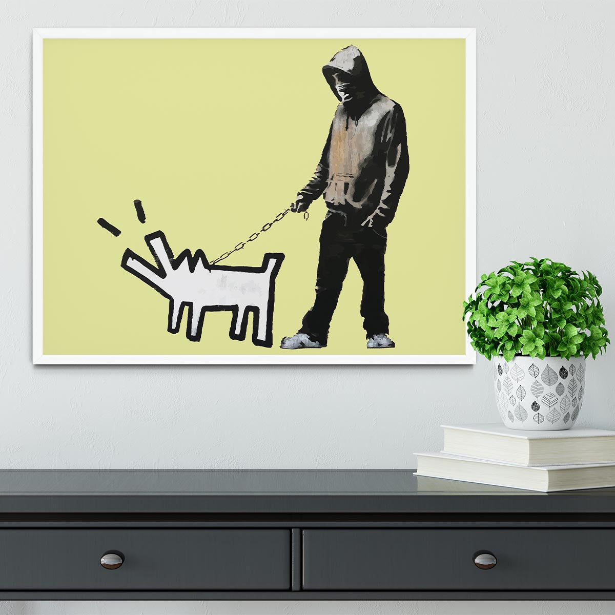 Banksy Keith Haring Dog Yellow Framed Print - Canvas Art Rocks -6