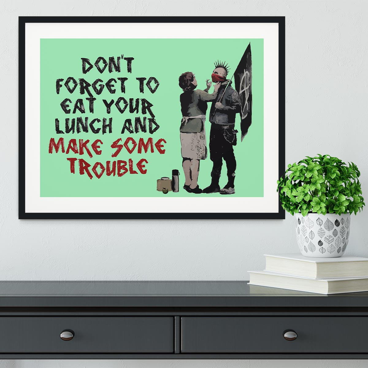 Banksy Make Some Trouble Green Framed Print - Canvas Art Rocks - 1