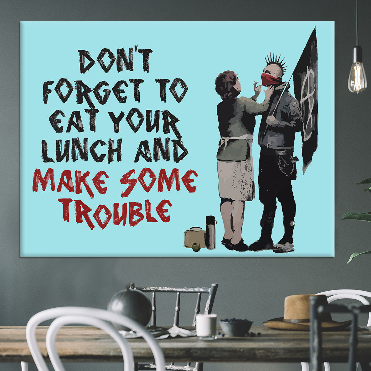 Banksy Make Some Trouble Light Blue Canvas Print or Poster - Canvas Art Rocks - 3