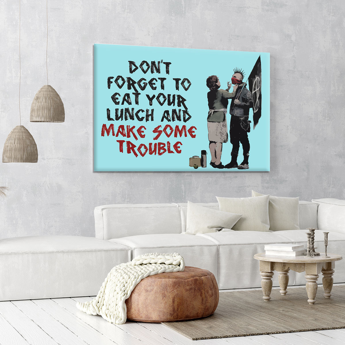 Banksy Make Some Trouble Light Blue Canvas Print or Poster - Canvas Art Rocks - 6