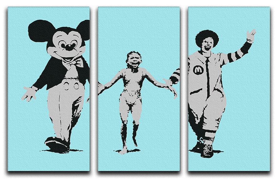 Banksy Mickey and Ronald Light Blue 3 Split Panel Canvas Print - Canvas Art Rocks - 1