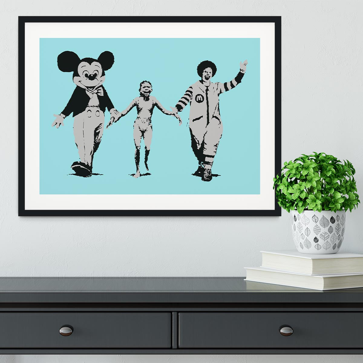 Banksy Mickey and Ronald Light Blue Framed Print - Canvas Art Rocks - 1