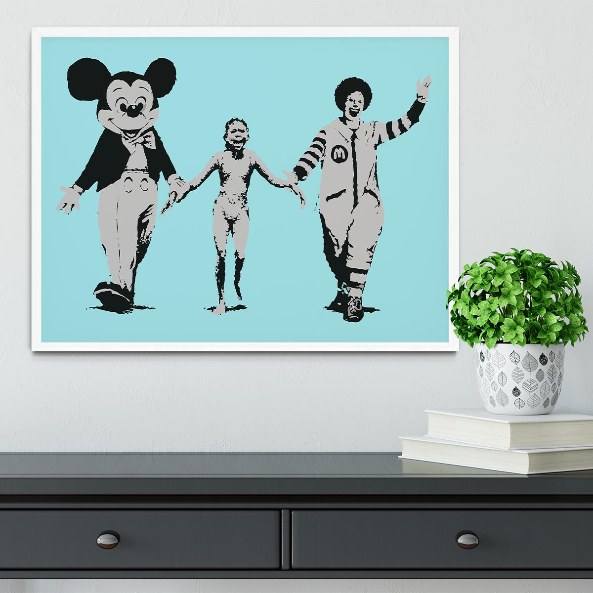 Banksy Mickey and Ronald Light Blue Framed Print - Canvas Art Rocks -6