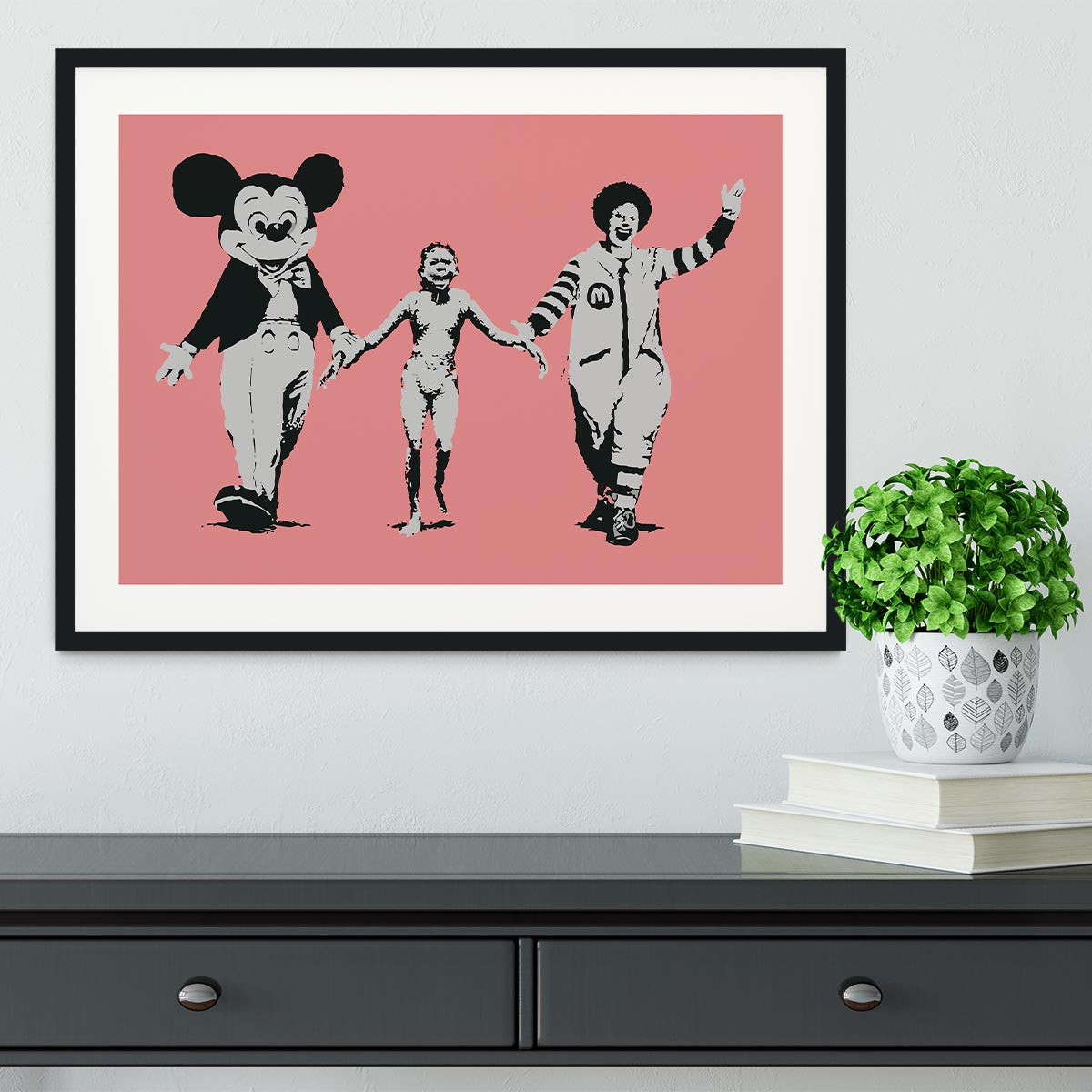 Banksy Mickey and Ronald Red Framed Print - Canvas Art Rocks - 1