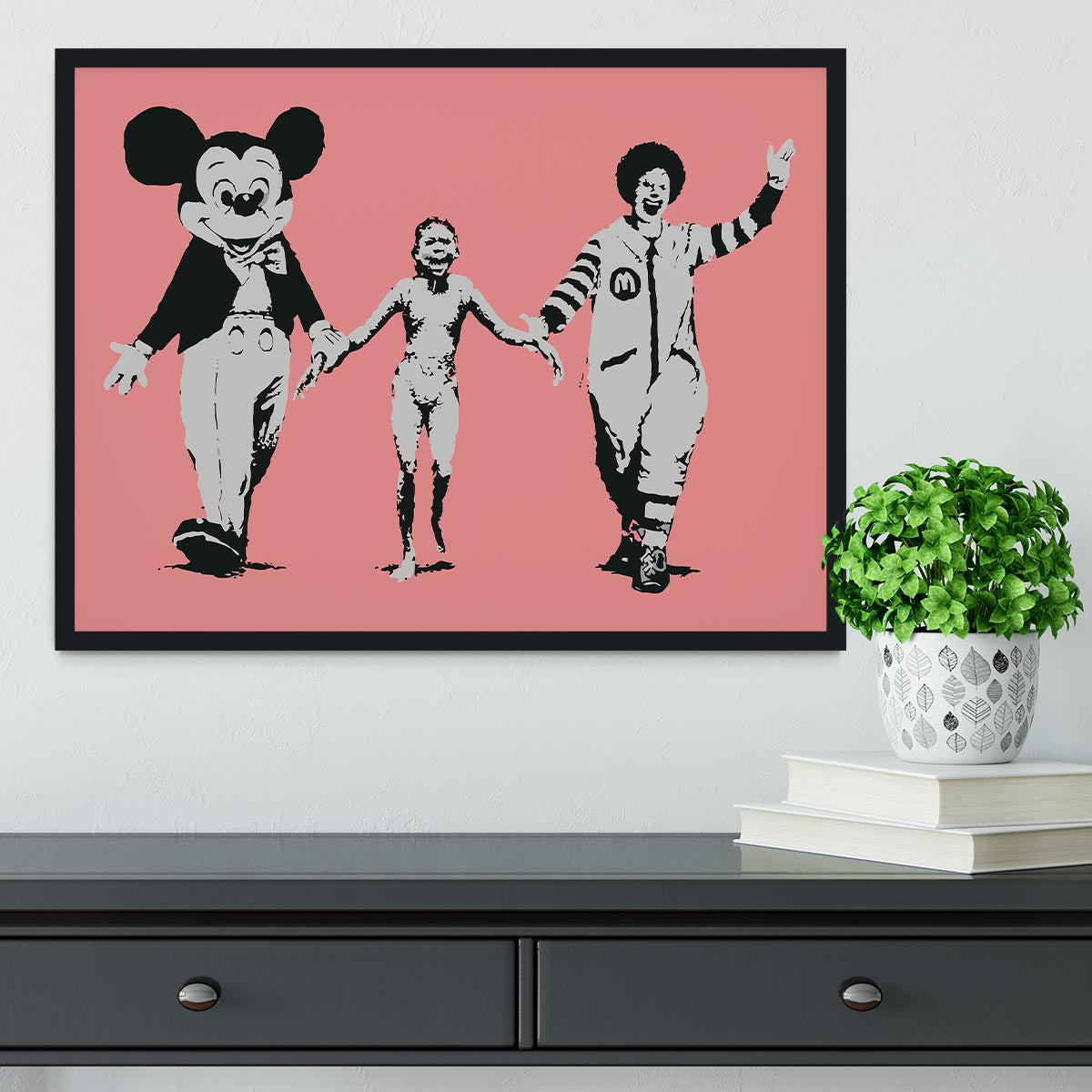 Banksy Mickey and Ronald Red Framed Print - Canvas Art Rocks - 2